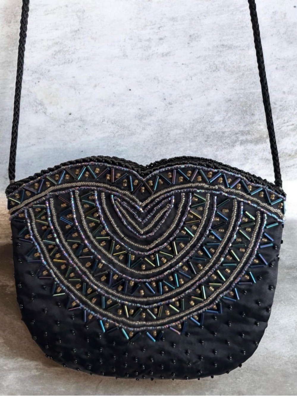 Black Beaded Evening Shoulder Bag with Iridescent Accents